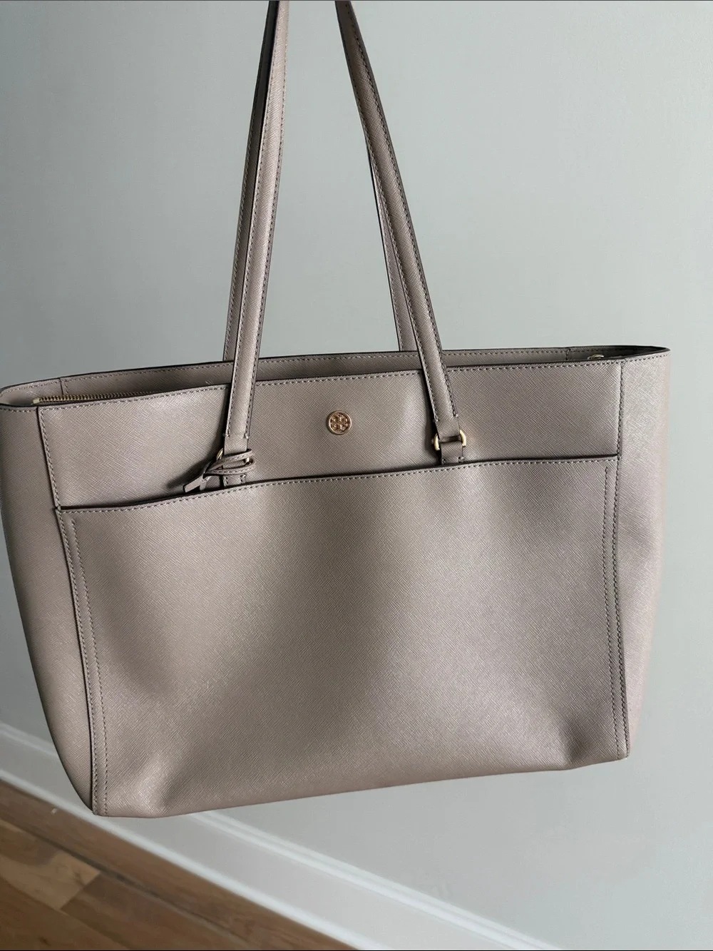 Tory Burch Light Taupe Leather Tote with Exterior Pocket